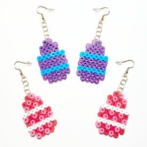 Handmade Perler Bead Red/Pink and Blue/Purple Easter Egg Earrings (2 pairs). New